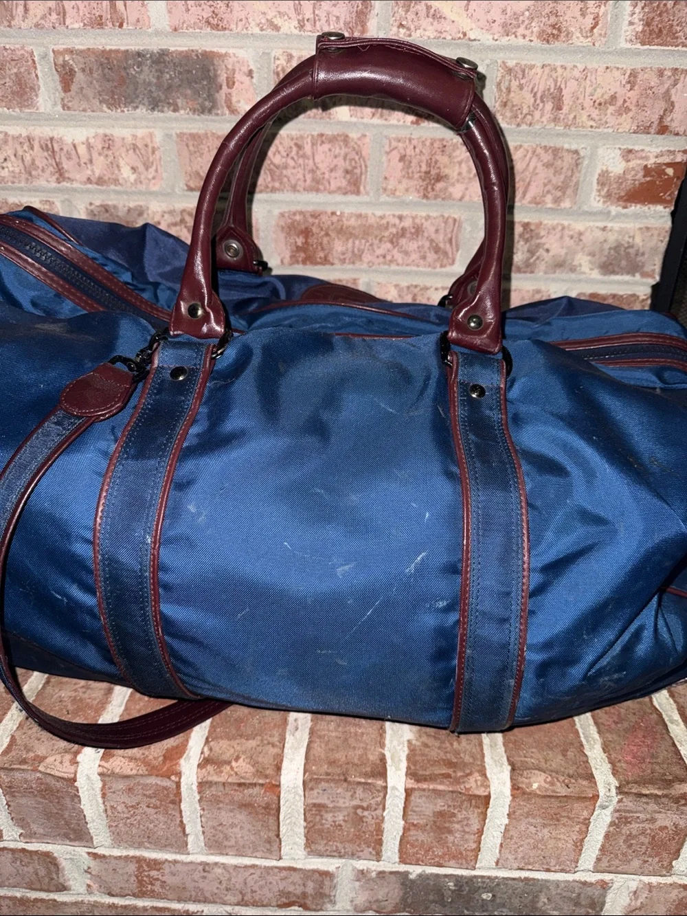 YSL Leather-Trim Navy Duffel Bag with Burgundy Accents